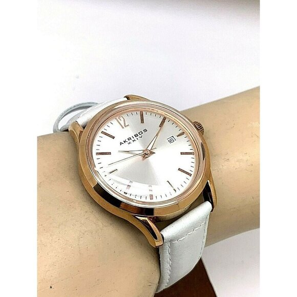 Akribos XXIV Women's Watch AK921 Quartz Rose Gold Silver Dial White Leather Band - Picture 5 of 13